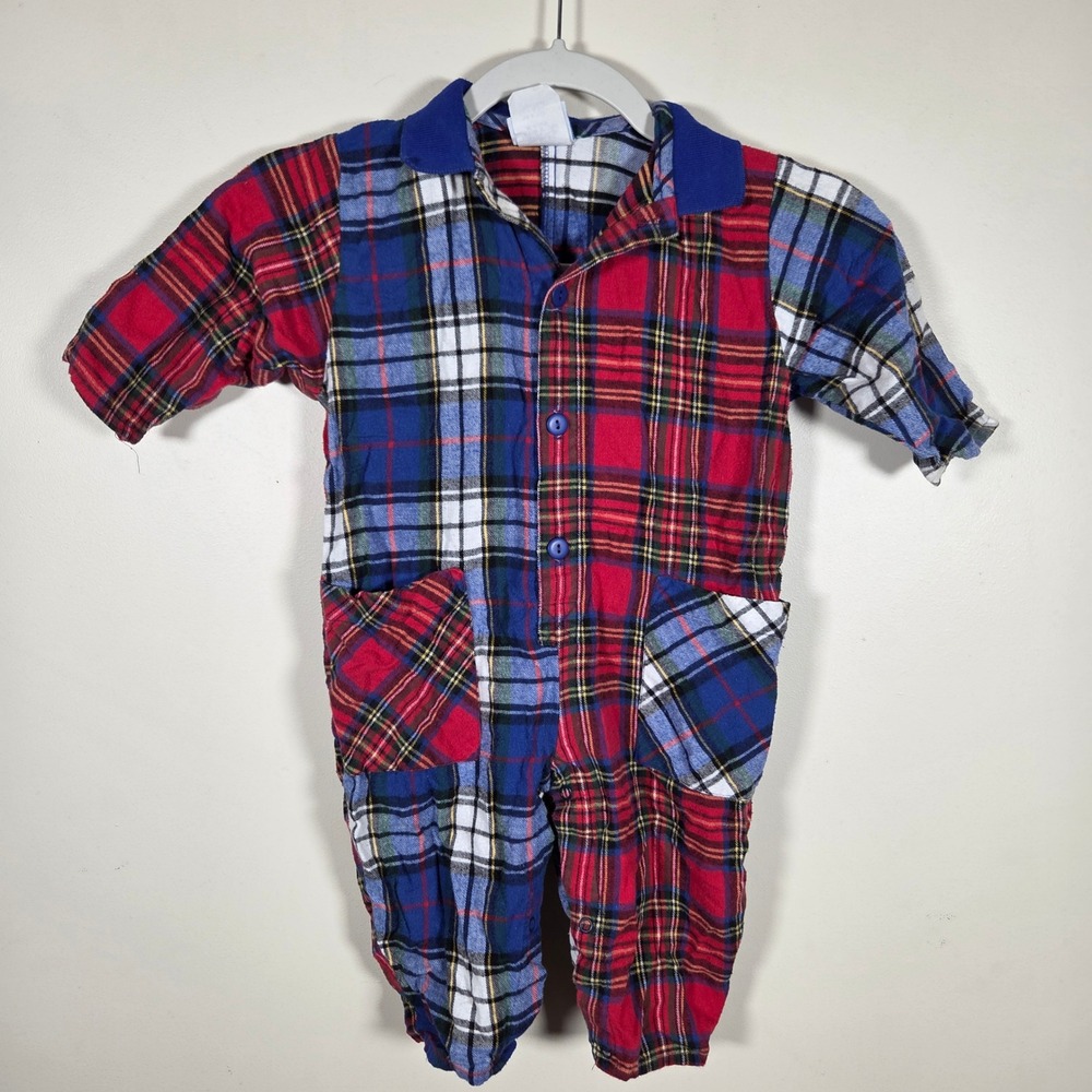 Golden Rainbow Romper Kids 18mos Multi Plaid Patchwork Flannel Vintage 90s USA